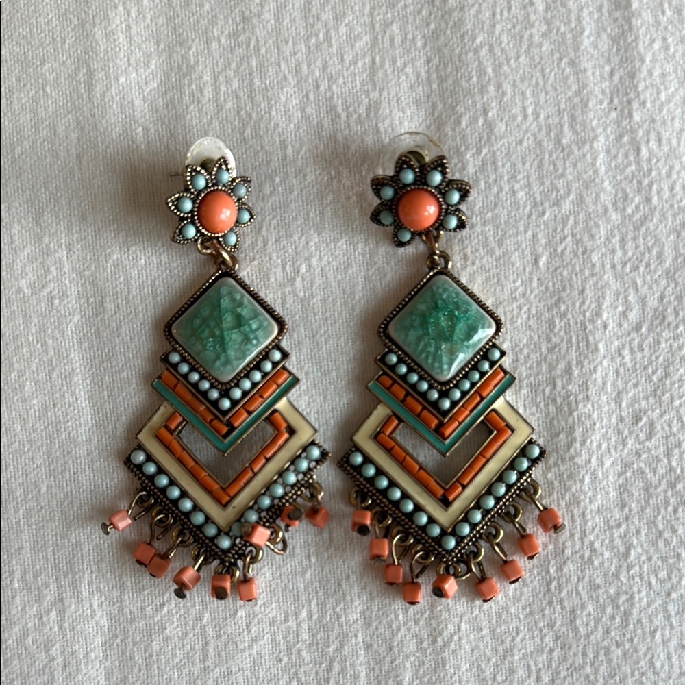 Blue and Pink Chandelier Earrings with Geometric Design